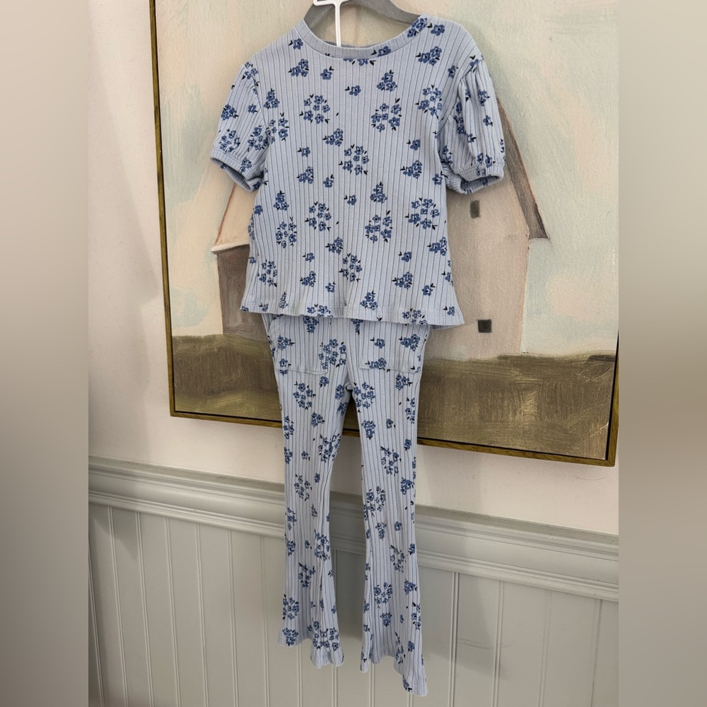 JESSICA SIMPSON Kids Light Blue Floral  Ribbed Cotton Tshirt Pant Set Size 4T - Picture 2 of 7